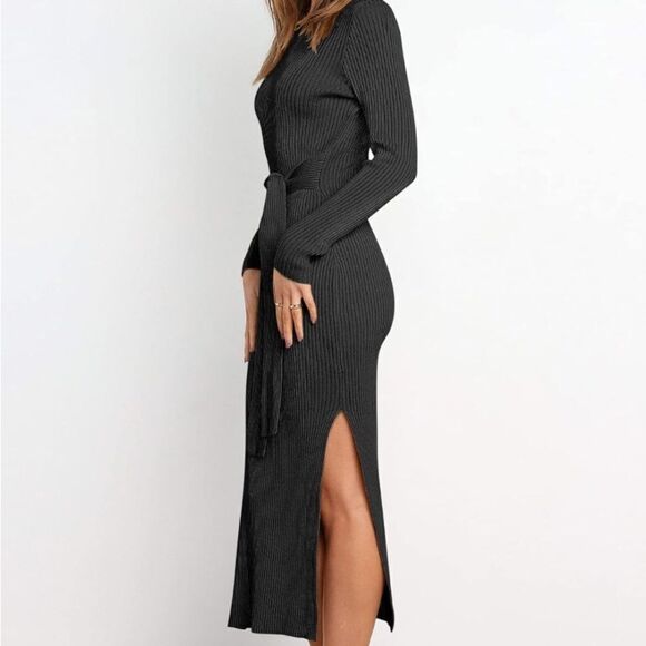 Sweater Dress Ribbed Knit Crewneck Belted Side Slits Long Sleeve Black Size M - Picture 4 of 11